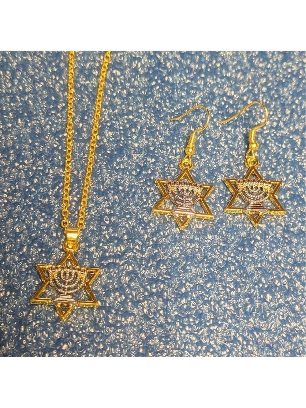 Necklace+Earring Set Silvery Menorah inset Golden Magen David Star